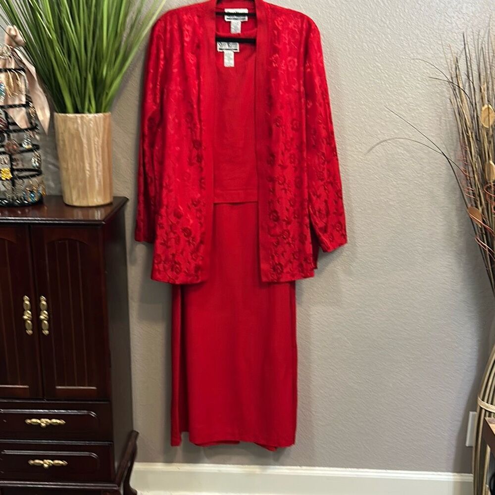 #594 Sheri Martin, vintage red rose, two piece cardigan and sleeveless maxi dres